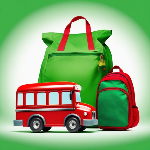CO3: a green school bus and a red bag