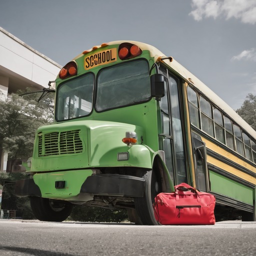 R2F: a green school bus and a red bag