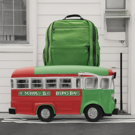 SDXL: a green school bus and a red bag