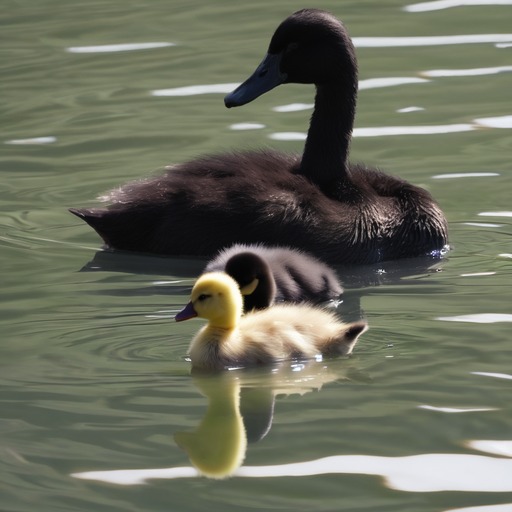 R2F: The soft yellow duckling swam next to the sleek black swan.