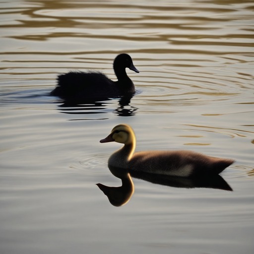 SDXL: The soft yellow duckling swam next to the sleek black swan.