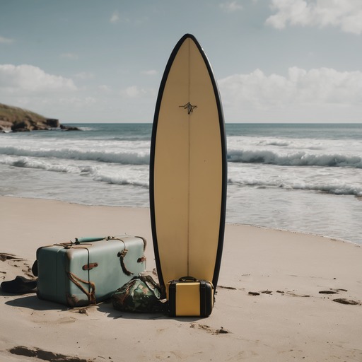 R2F: a photo of a surfboard and a suitcase