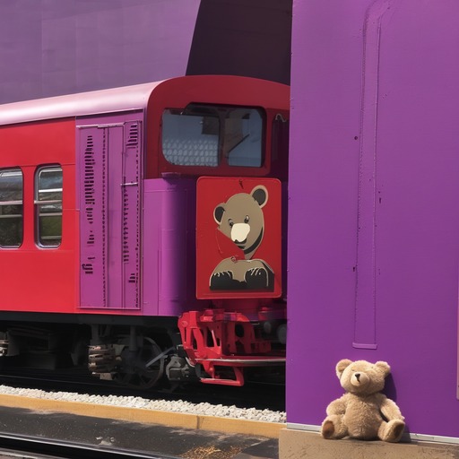 DoS: a photo of a red train and a purple bear