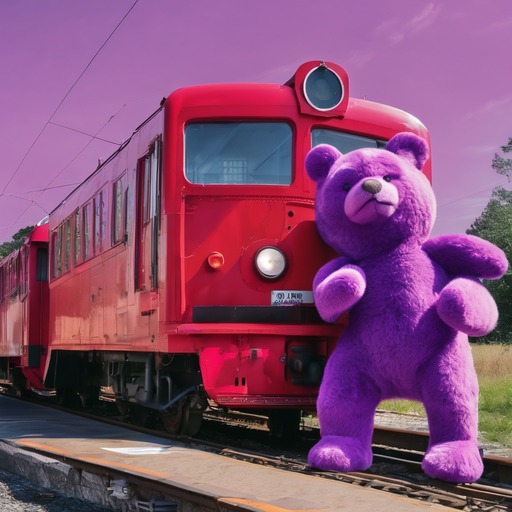 R2F: a photo of a red train and a purple bear