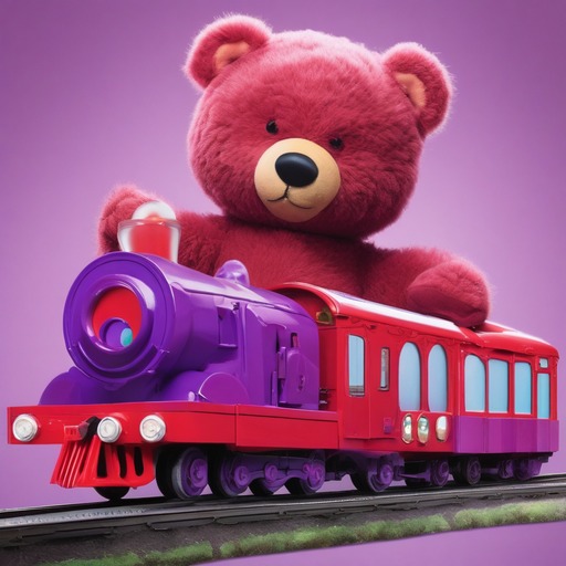 SDXL: a photo of a red train and a purple bear